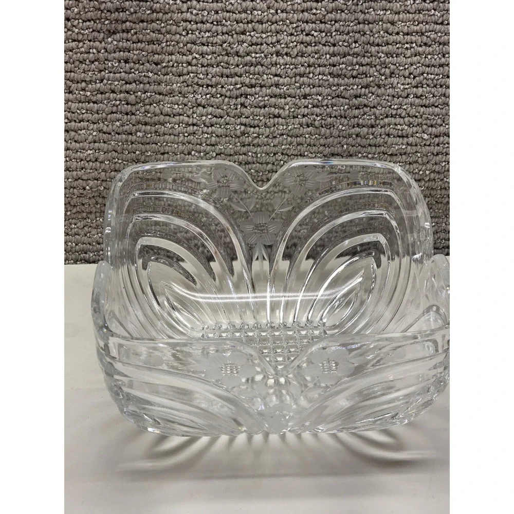 Vintage Clear Etched Floral Scalloped Pressed Glass Square Centerpiece Bowl 8.5